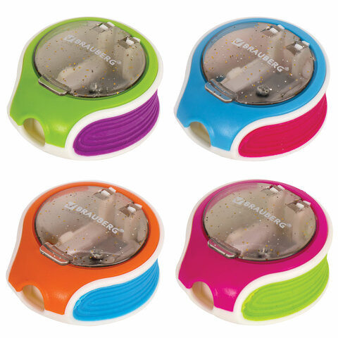 Точилка BRAUBERG "Mix Soft", пластиковая, с контейнером, корпус ассорти, 229585 по низкой цене оптом Краснодар, Москва, Уфа, Казань, Барнаул, Владивосток, Хабаровск, Сахалин, Красноярск, Екатеренбург, 