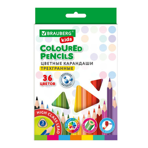 Карандаши цветные BRAUBERG KIDS, 36 цветов, трехгранный корпус, грифель мягкий 3 мм, 181945 по низкой цене оптом 