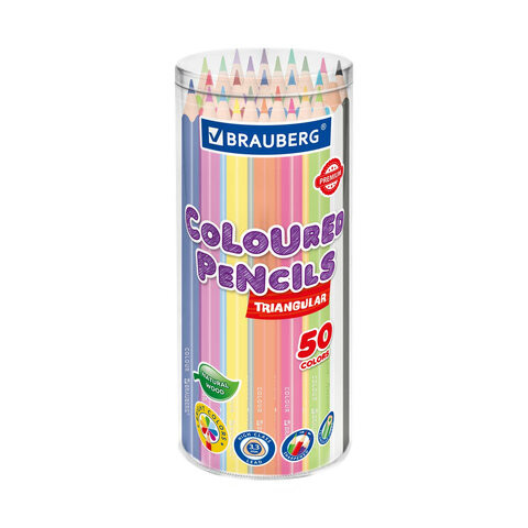 Карандаши цветные BRAUBERG PREMIUM 50 цветов, трехгранный корпус, мягкий грифель 3,3 мм, упаковка пластиковая туба, 181935 по низкой цене оптом Краснодар, Москва, Уфа, Казань, Барнаул, Владивосток, Хабаровск, Сахалин, Красноярск, Екатеренбург, 
