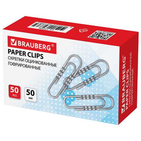 Скрепки большие 50 мм, BRAUBERG, оцинкованные, гофрированные, 50 шт., в картонной коробке, 270446 по низкой цене оптом 