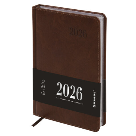 Ежедневник датированный 2026, А5, 138х213 мм, BRAUBERG "Impression", под кожу, коричневый, 117511 по низкой цене оптом 