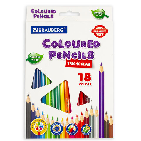 Карандаши цветные BRAUBERG PREMIUM, 18 цветов, трехгранные, грифель мягкий 3,3 мм, 181652 по низкой цене оптом 