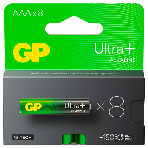 Батарейки КОМПЛЕКТ 8 шт, GP Ultra Plus G-Tech, AAA (LR03), алкалиновые, мизинчиковые,, 24AUPA21-2CRB8 по низкой цене оптом 