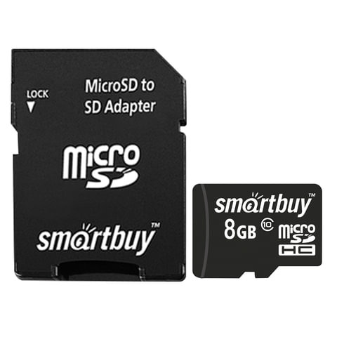 Карта памяти micro SDHC, 8 GB, SMARTBUY, 10 Мб/сек. (class 10), с адаптером, SB8GBSDCL10-01 по низкой цене оптом 