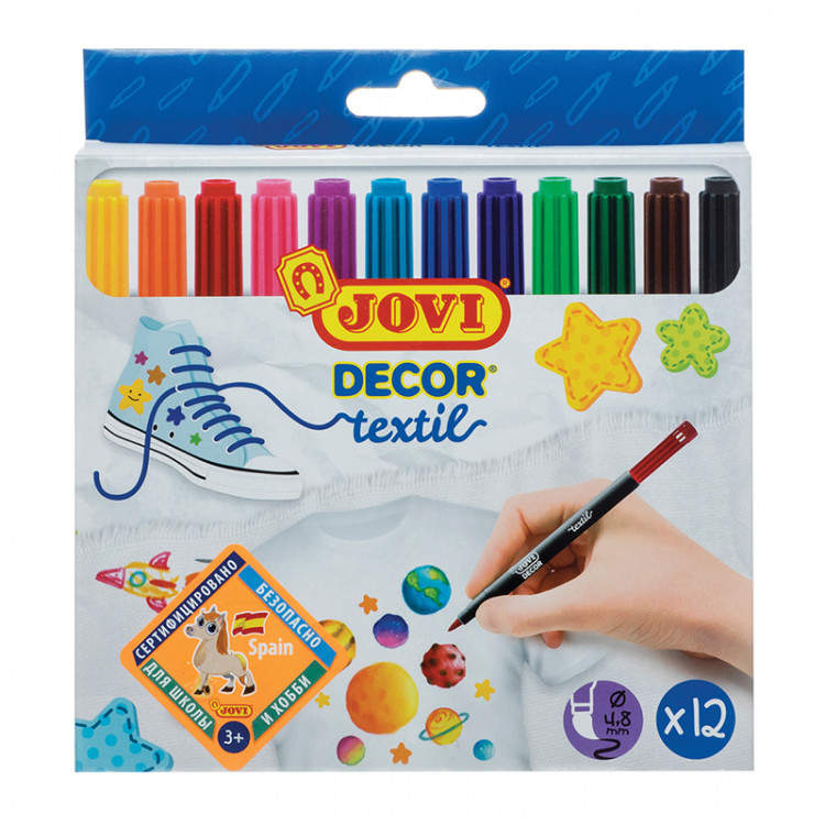 Набор фломастеров для ткани JOVI "Decor textil" 12цв., картон. уп., европодвес по низкой цене оптом Краснодар, Москва, Уфа, Казань, Барнаул, Владивосток, Хабаровск, Сахалин, Красноярск, Екатеренбург, 