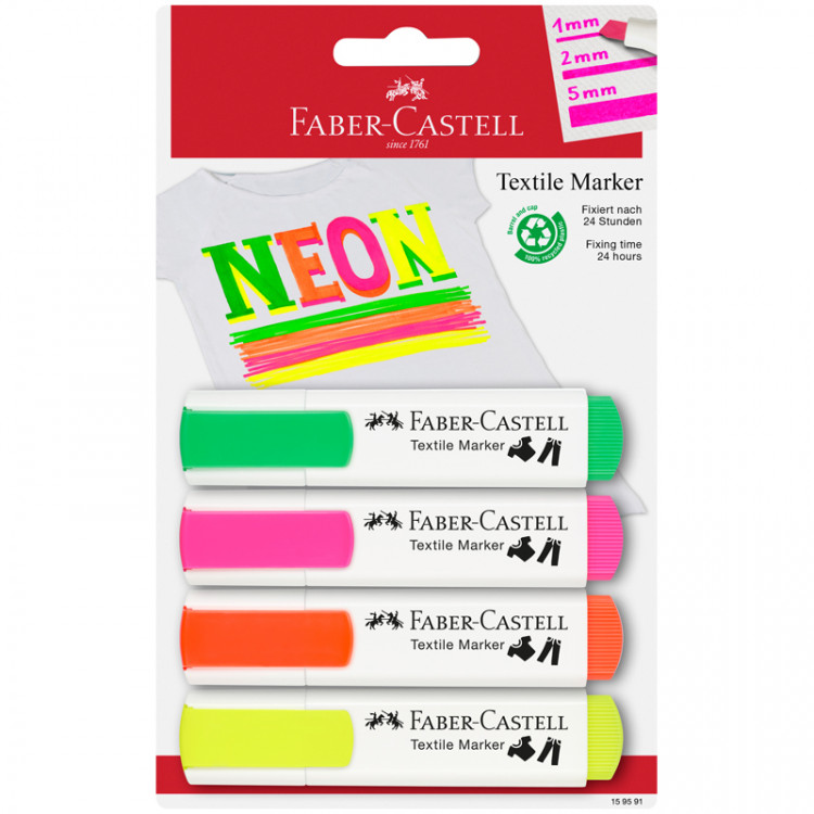 Маркер перманентный для ткани Faber-Castell "Textile Neon" 04цв., 1-5мм, блистер по низкой цене оптом Краснодар, Москва, Уфа, Казань, Барнаул, Владивосток, Хабаровск, Сахалин, Красноярск, Екатеренбург, 