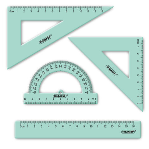 Набор чертежный ПИФАГОР (линейка 16см, 2 треугольника, транспортир), прозрачный, пастельные цвета, ассорти, 210855 по низкой цене оптом 