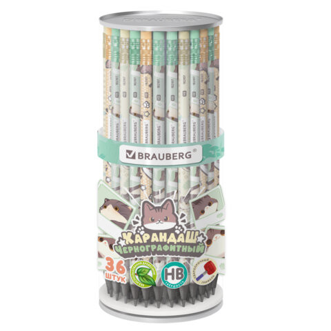 Карандаш чернографитный с принтом кросс-серия МИЛЫЕ КОТЫ, 1 шт., HB, ластик, ассорти, BRAUBERG, 182107 по низкой цене оптом 