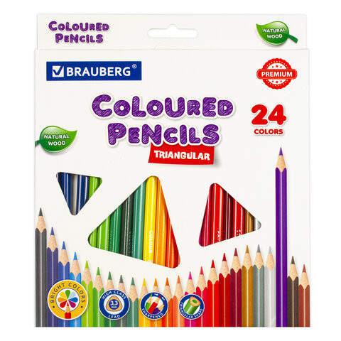 Карандаши цветные BRAUBERG PREMIUM, 24 цвета, трехгранные, грифель мягкий 3,3 мм, 181653 по низкой цене оптом Краснодар, Москва, Уфа, Казань, Барнаул, Владивосток, Хабаровск, Сахалин, Красноярск, Екатеренбург, 