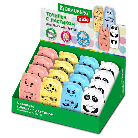 Точилка с ластиком 2 в 1 BRAUBERG KIDS "Зверушки", 2 отверстия, дизайн ассорти, 271989 по низкой цене оптом 