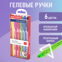 Ручки гелевые BRAUBERG "Extra Glide Gel", НАБОР 6 ЦВЕТОВ, трехгранная, игольчатый наконечник 0,7 мм, линия 0,5 мм, 144078