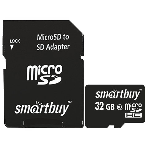 Карта памяти micro SDHC, 32 GB, SMARTBUY, 10 Мб/сек. (class 10), с адаптером, SB32GBSDCL10-01 по низкой цене оптом 