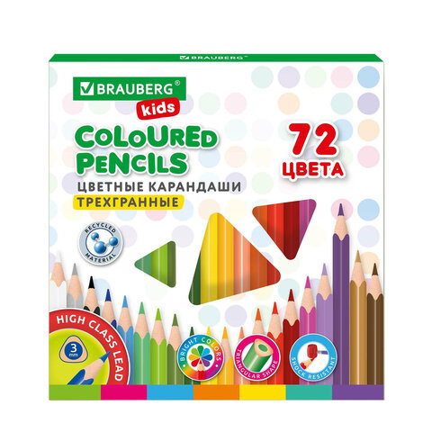 Карандаши цветные BRAUBERG KIDS, 72 цвета, трехгранный корпус, грифель мягкий 3 мм, 181947 по низкой цене оптом 