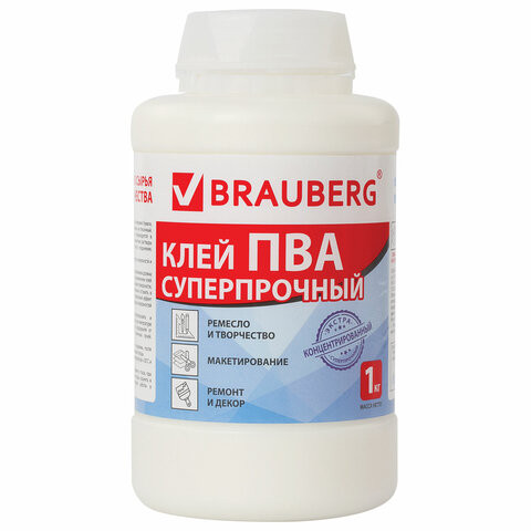 Клей ПВА BRAUBERG, 1 кг, суперпрочный (керамика, ткань, кожа, дерево, бумага, картон), 600984 по низкой цене оптом 