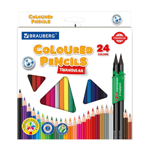 Карандаши цветные пластиковые BRAUBERG PREMIUM 24 цвета + 2 чернографитных карандаша, трехгранный корпус, грифель 3 мм, 181937 по низкой цене оптом Краснодар, Москва, Уфа, Казань, Барнаул, Владивосток, Хабаровск, Сахалин, Красноярск, Екатеренбург, 