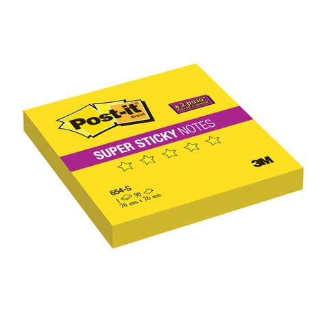Блок самоклеящийся (стикер) POST-IT Super Sticky, 76х76 мм, 90 л., неоновый желтый, 654-S по низкой цене оптом 
