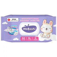 Салфетки влажные 64 шт, для детей 0+, WATASHI, без спирта, крышка клапан ш/к 13100, 12587