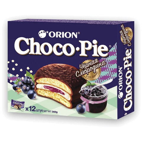 Печенье ORION "Choco Pie Black Currant" темный шоколад с черной смородиной, 360 г (12 штук х 30 г), О0000013002 по низкой цене оптом Краснодар, Москва, Уфа, Казань, Барнаул, Владивосток, Хабаровск, Сахалин, Красноярск, Екатеренбург, 