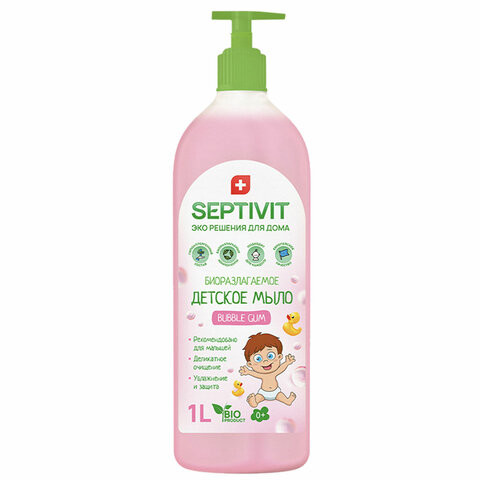 Мыло жидкое детское гипоаллергенное 1л SEPTIVIT "Bubble gum", биоразлагаемое, ш/к 150 по низкой цене оптом  Мыло жидкое детское гипоаллергенное 1л SEPTIVIT "Bubble gum", биоразлагаемое, ш/к 150 по низкой цене оптом