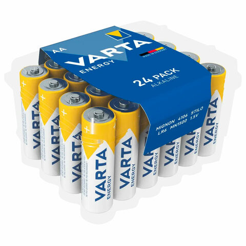 Батарейки алкалиновые "пальчиковые" КОМПЛЕКТ 24 шт., VARTA ENERGY, АА (LR6, 24А), пластиковый бокс, 4106229224 по низкой цене оптом 