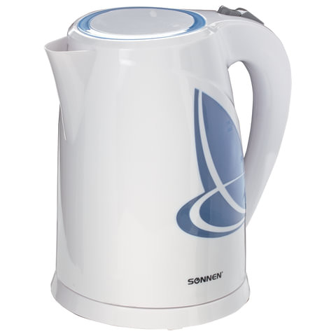 Чайник SONNEN KT-1767, 1,8 л, 2200 Вт, закрытый нагревательный элемент, пластик, белый/синий, 453416 по низкой цене оптом Краснодар, Москва, Уфа, Казань, Барнаул, Владивосток, Хабаровск, Сахалин, Красноярск, Екатеренбург, 