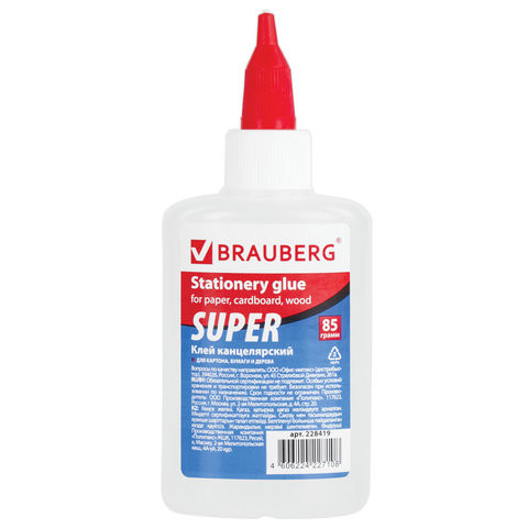 Клей канцелярский BRAUBERG-СУПЕР (для бумаги, картона, дерева), 85 г, 228419 по низкой цене оптом 