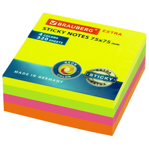 Блок самоклеящийся (стикеры) EXTRA STICKY BRAUBERG (Германия), НЕОНОВЫЙ, 75х75 мм, 320 л., 4 цвета, 112422 по низкой цене оптом 