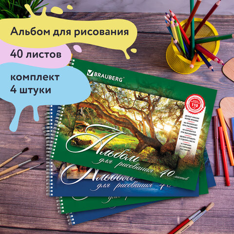 Альбомы для рисования А4 40 л., КОМПЛЕКТ 4 шт., гребень, обложка картон, BRAUBERG, 205х290 мм, "Природа" (2 вида), 880035 по низкой цене оптом 
