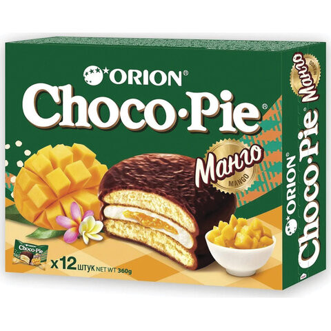 Печенье ORION "Choco Pie Mango" манго 360 г (12 штук х 30 г), О0000013010 по низкой цене оптом Краснодар, Москва, Уфа, Казань, Барнаул, Владивосток, Хабаровск, Сахалин, Красноярск, Екатеренбург, 