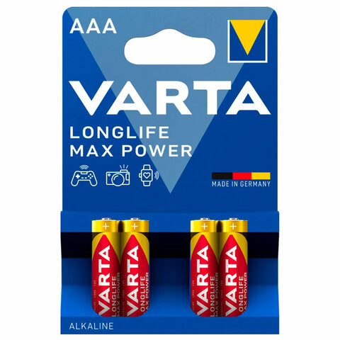 Батарейки алкалиновые "мизинчиковые" КОМПЛЕКТ 4 шт., VARTA LONGLIFE MAX POWER, ААА (LR03,15А), блистер, 4703101404 по низкой цене оптом 
