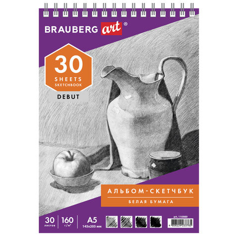 Скетчбук, белая бумага 160 г/м2, 145х205 мм, 30 л., гребень, жёсткая подложка, BRAUBERG ART DEBUT, 110989 по низкой цене оптом Краснодар, Москва, Уфа, Казань, Барнаул, Владивосток, Хабаровск, Сахалин, Красноярск, Екатеренбург, 
