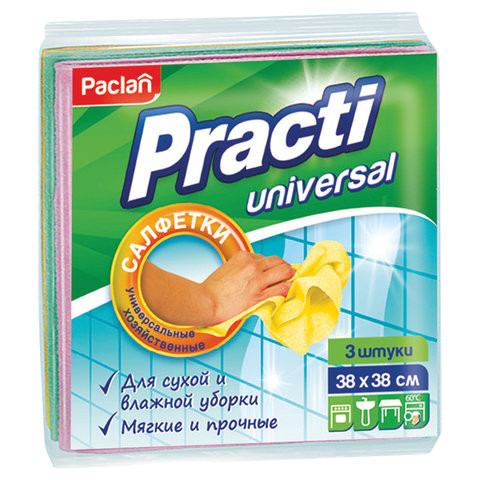 Салфетки универсальные, 38х38 см, КОМПЛЕКТ 3 шт., 110 г/м2, вискоза, PACLAN "Practi Universal", 410018 по низкой цене оптом 