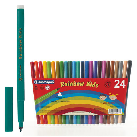 Фломастеры 24 ЦВЕТА CENTROPEN "Rainbow Kids", круглые, смываемые, вентилируемый колпачок, 7550/24ET, 7 7550 2402 по низкой цене оптом 