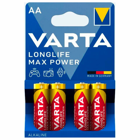 Батарейки алкалиновые "пальчиковые" КОМПЛЕКТ 4 шт., VARTA LONGLIFE MAX POWER, АА (LR6, 24А), блистер, 4706101404 по низкой цене оптом 