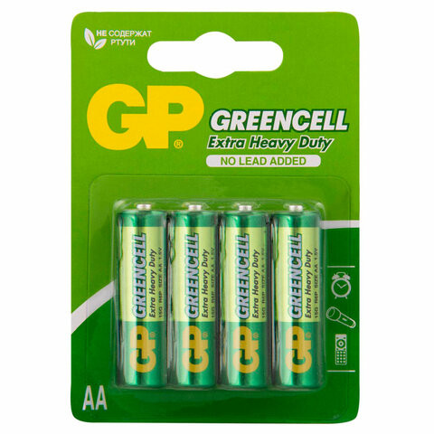 Батарейки КОМПЛЕКТ 4 шт. GP GreenCell AA (R6, 15G), солевые, пальчиковые, блистер, 15, 15G-2CR4 по низкой цене оптом 