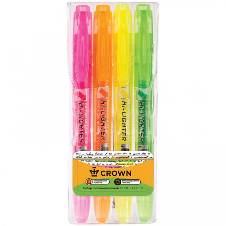 Набор текстовыделителей Crown "Multi Hi-Lighter" 4цв., 1-4мм, чехол с европодвесом по низкой цене оптом Краснодар, Москва, Уфа, Казань, Барнаул, Владивосток, Хабаровск, Сахалин, Красноярск, Екатеренбург, 