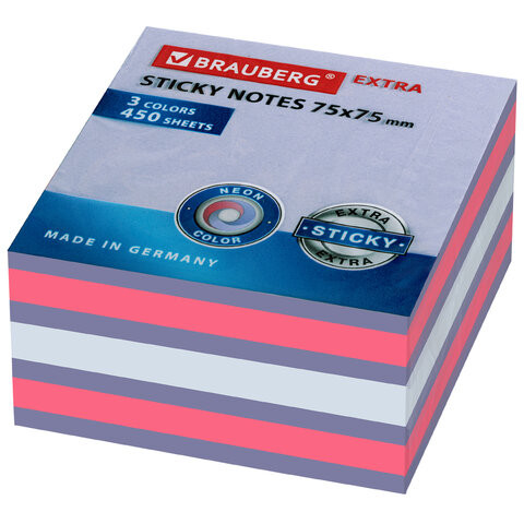Блок самоклеящийся (стикеры) EXTRA STICKY BRAUBERG (Германия), НЕОНОВЫЙ, 75х75 мм, 450 л., 3 цвета, 112424 по низкой цене оптом 