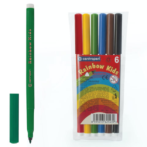 Фломастеры 6 ЦВЕТОВ CENTROPEN "Rainbow Kids", круглые, смываемые, вентилируемый колпачок, 7550/6ET, 7 7550 0602 по низкой цене оптом 