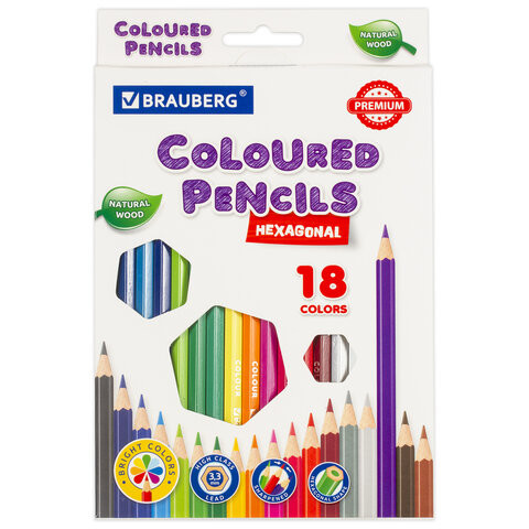 Карандаши цветные BRAUBERG PREMIUM, 18 цветов, шестигранные, грифель мягкий 3,3 мм, 181657 по низкой цене оптом Краснодар, Москва, Уфа, Казань, Барнаул, Владивосток, Хабаровск, Сахалин, Красноярск, Екатеренбург, 