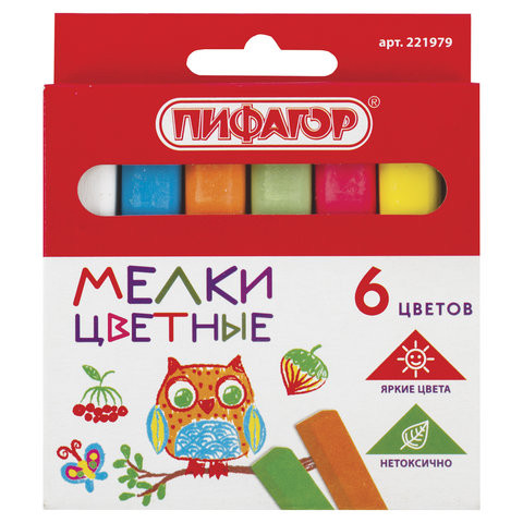 Мел цветной ПИФАГОР, набор 6 шт., квадратный, 221979 по низкой цене оптом Краснодар, Москва, Уфа, Казань, Барнаул, Владивосток, Хабаровск, Сахалин, Красноярск, Екатеренбург, 
