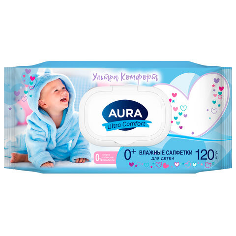Салфетки влажные 120шт, для детей, AURA Ultra Comfort с алоэ и витамином Е, крышка кл, 14847 по низкой цене оптом Краснодар, Москва, Уфа, Казань, Барнаул, Владивосток, Хабаровск, Сахалин, Красноярск, Екатеренбург, 