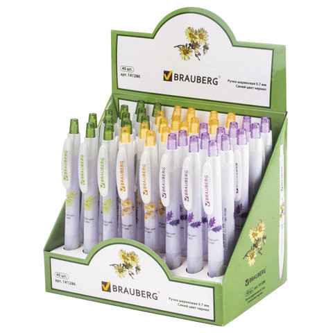 Ручка шариковая автоматическая с грипом BRAUBERG "Herb Time", СИНЯЯ, корпус ассорти, узел 0,7 мм, линия 0,35 мм, синяя, 141286 по низкой цене оптом Краснодар, Москва, Уфа, Казань, Барнаул, Владивосток, Хабаровск, Сахалин, Красноярск, Екатеренбург, 