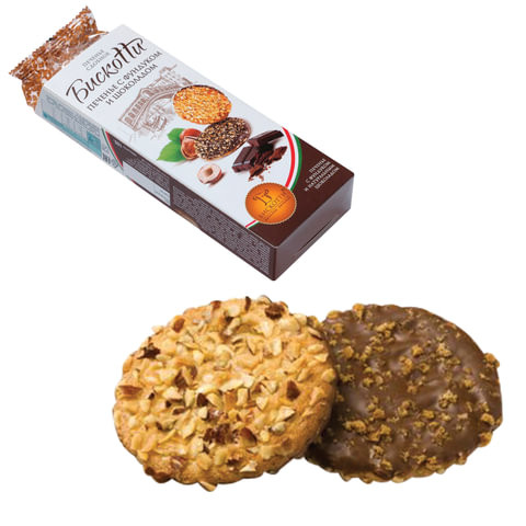 Печенье БИСКОТТИ (Россия) с фундуком, шоколадом и вафельной крошкой, сдобное, 100 г по низкой цене оптом Краснодар, Москва, Уфа, Казань, Барнаул, Владивосток, Хабаровск, Сахалин, Красноярск, Екатеренбург, 