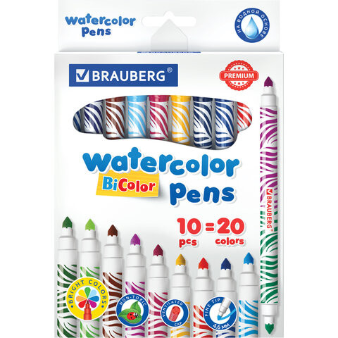 Фломастеры двусторонние утолщенные BRAUBERG "PREMIUM" "BI-COLOR", 10 шт., 20 цветов, двухцветные, вентилируемый колпачок, 151945 по низкой цене оптом 