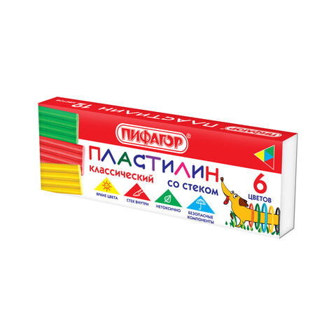 Пластилин классический ПИФАГОР "Веселая такса", 6 цветов, 90 г, СО СТЕКОМ, 106674 по низкой цене оптом 