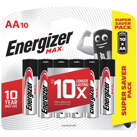 Батарейки КОМПЛЕКТ 10 шт., ENERGIZER Max, AA (LR06, 15А), алкалиновые, пальчиковые, блистер, E301534601 по низкой цене оптом 