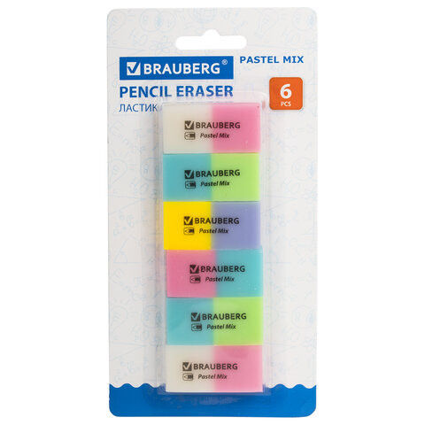 Набор ластиков BRAUBERG "Pastel Mix", 6 шт., цвета ассорти, 44х21х10 мм, экологичный ПВХ, 229597 по низкой цене оптом 