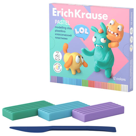Пластилин классический ERICH KRAUSE Jolly Friends pastel, 12 цветов, 216 г, со стеком, 61352 по низкой цене оптом 