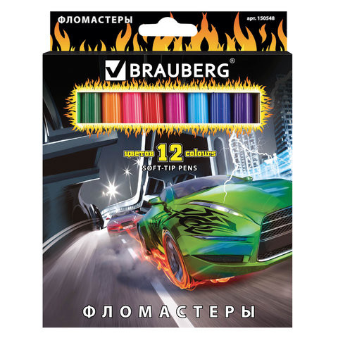 Фломастеры BRAUBERG "InstaRacing", 12 цветов, вентилируемый колпачок, карт. упаковка, выборочный лак, увел. срок службы, 150548 по низкой цене оптом 