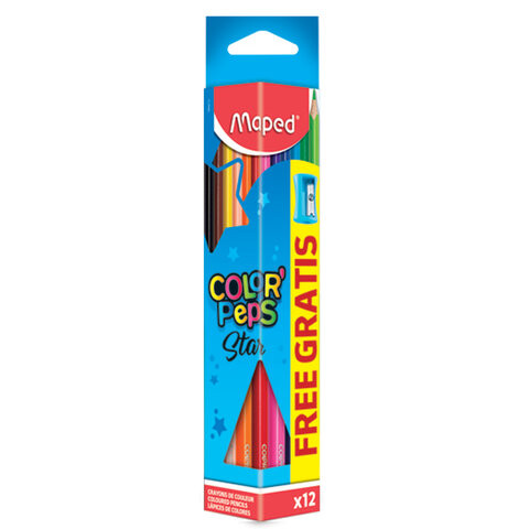 Карандаши цветные MAPED (Франция) "Color'Peps Star", 12 цветов, трехгранные, с точилкой, европодвес, 183213 по низкой цене оптом Краснодар, Москва, Уфа, Казань, Барнаул, Владивосток, Хабаровск, Сахалин, Красноярск, Екатеренбург, 
